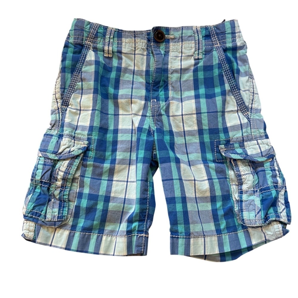OshKosh B'gosh Cargo Shorts Kids Blue Plaid Excellent Cotton Pockets SIZE 5